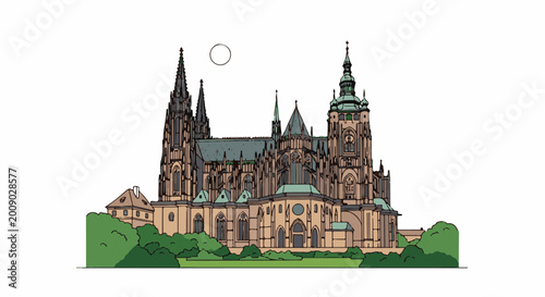 Grand gothic cathedral with intricate spires and detailed facade under a circle