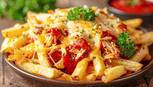 Savory French fries topped with cheese, shredded chicken and tomato sauce, closeup. AI