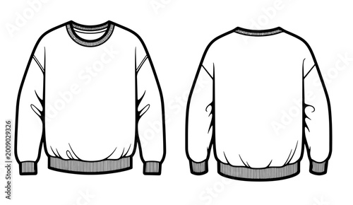 Vector line art of a crewneck sweatshirt, front and back view.