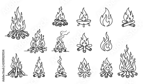 Bonfire One Line Drawing Set Black and White Minimal Camping Fire Vector Collection