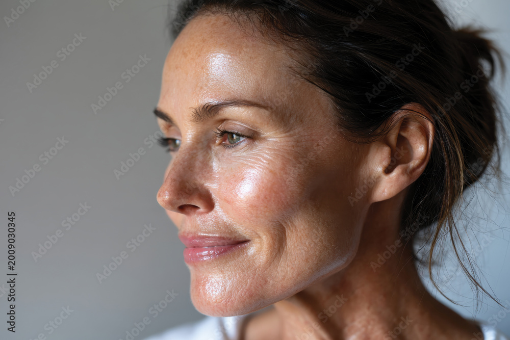 Fototapeta premium This image artfully showcases the radiant skin of a mature woman, celebrating the natural glow and texture that reflects her life's experiences with confidence.
