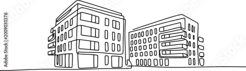 continuous one line drawing of two modern apartment buildings a residential real estate complex in the city vecto.one line art in white background