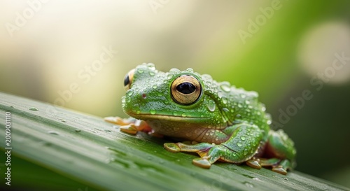 Close up portrait of a vibrant green tree frog with water droplets