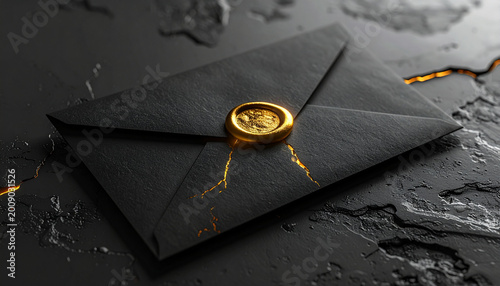 Matte black envelope gold wax seal abstract cracked surface dramatic lighting cinematic macro photography luxury elegant mysterious invitation textured background