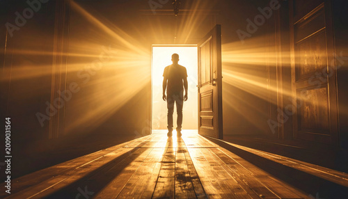 Silhouette person standing in doorway with dramatic sunlight streaming through, cinematic lifestyle photography, hopeful mood, warm golden light, long shadows, mysterious atmosphere