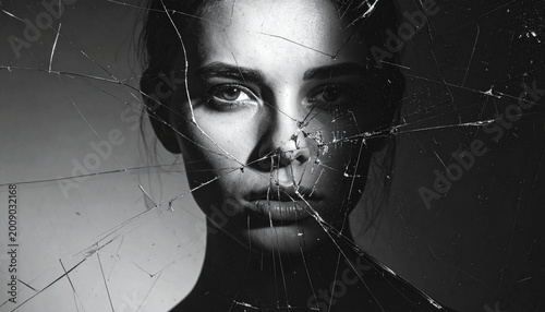 Broken glass female face dramatic lighting emotional monochrome portrait cracked surface intense gaze artistic moody expression. woman face is seen through shattered glass creating dramatic