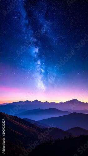 Stunning celestial display over layered mountain ranges. The Milky Way stretches across a vibrant night sky, with hues of purple and blue