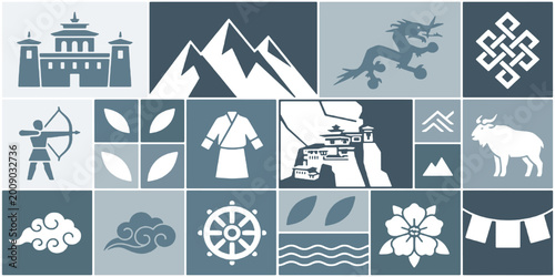 Tableau sur toile Collection of Bhutanese cultural symbols and landmarks in a mosaic design