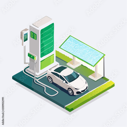 3D Isometric Futuristic EV Charging Station Technology