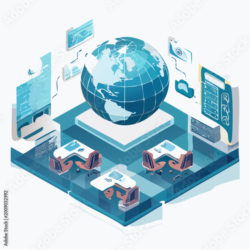 3D Isometric Cybersecurity Command Center Data Tech