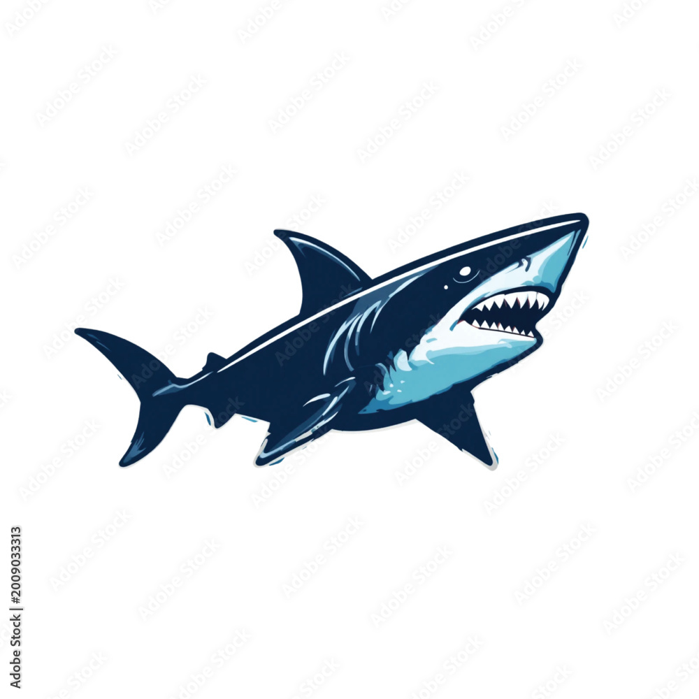 Fototapeta premium Shark illustration displays a detailed predatory marine animal swimming forward with sharp teeth visible in an aggressive pose suitable for sports branding or aquatic educational materials.