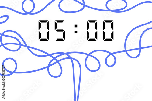 Fotografie digital clock showing 05:00 with blue abstract lines on a white background