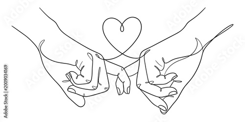 Pinky Promise Illustration. One line art of two hands hooked by pinky fingers with heart contour. Vector illustration.