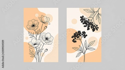 Diptych floral canvas posters featuring anemone blossoms and elderberry branches over soft apricot watercolor blobs