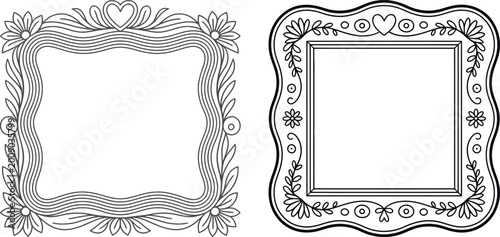 Decorative square picture frames with floral and heart motifs black and white page decoration picture frame scrapbooking illustration ornament