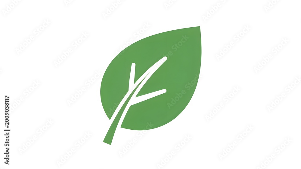 Fototapeta premium Green Leaf Icon with White Branch on White Background