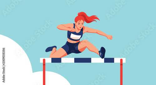 Determined female athlete in sportswear successfully jumps over a hurdle during a track and field competition under a clear sky.