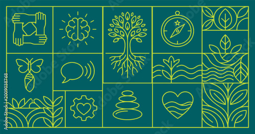 Quadro su tela A collage of icons representing various aspects of life, including community, nature, and well-being