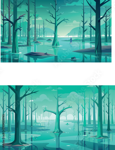 Eerie Swamp Landscape with Bare Trees and Water Reflections - Flat Design Vector Illustration