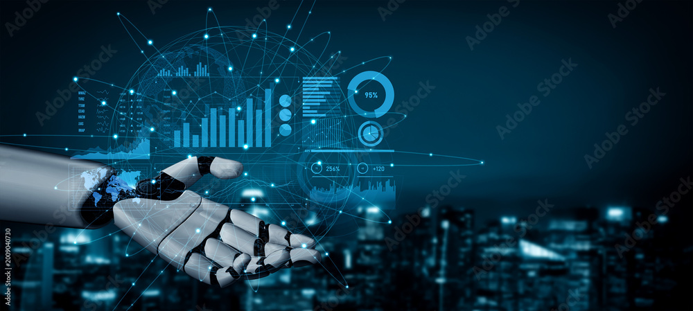 Naklejka premium A robotic hand reaches out with glowing digital data elements emphasizing technology role in business, innovation, and analytics against a modern cityscape. Scalp