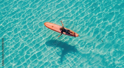 Surfer lying on a bright orange board in crystal clear water