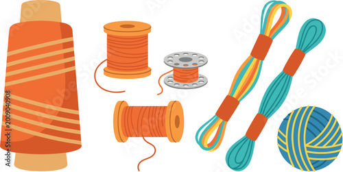 Photos Colorful sewing thread spools and yarn set featuring embroidery floss skeins, bobbin, and a ball of thread for needlework crafts isolated on a white background