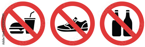 Canvas Print Prohibition sign symbol, no smoking, no eating, no shoes, no alcohol, no dogs, isolated vector illustration with clear restriction icons