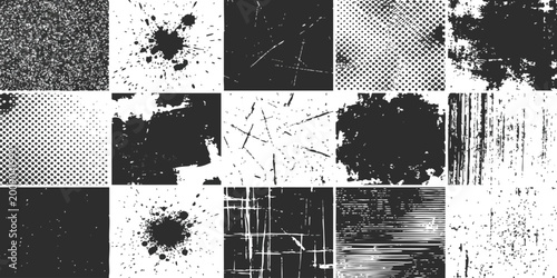 Quadro su tela Set of fifteen black and white grunge textures with ink splatters halftone dots