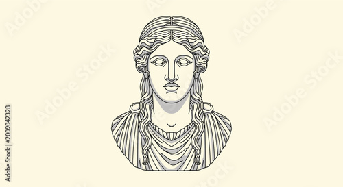 Classical line art illustration of a Greek or Roman female bust in a symmetrical front view on a soft cream background for art themes.