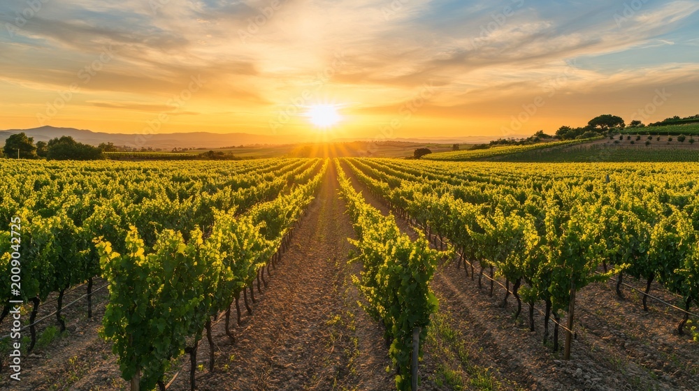 Fototapeta premium Vineyards at sunset with rows of grape plants under a bright sky and warm light in the countryside