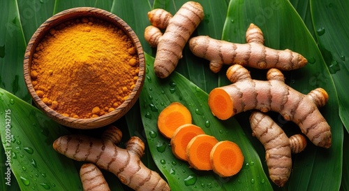 Fresh turmeric roots and bright yellow powder in a wooden bowl