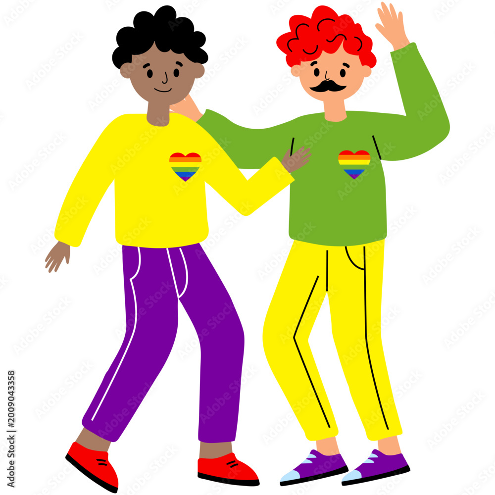 Fototapeta premium Two diverse friends celebrating pride month with rainbow hearts on shirts isolated on transparent background