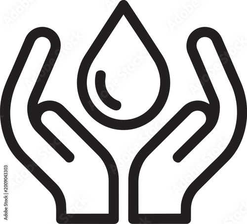 Slika na platnu Black outline icon of two human hands cupping and protecting a single liquid wat