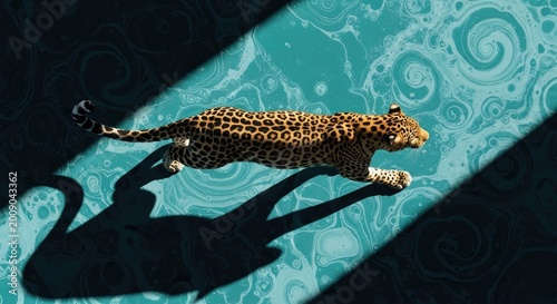 Majestic leopard walking gracefully across a vibrant teal marble patterned surface