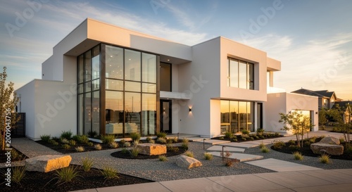 Modern white luxury home featuring large glass windows at golden hour