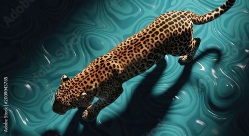 Majestic leopard walking gracefully over a surreal swirling blue liquid surface texture