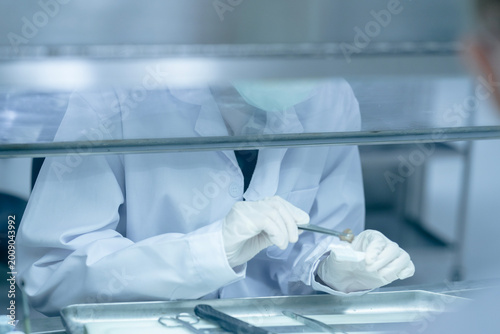Tableau sur toile Histopathology technician preparing tissue biopsy for microscopic processing