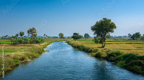 Aerial View of Rural Farmland with Canal, Lush Green Fields and Clear Blue Sky Landscape