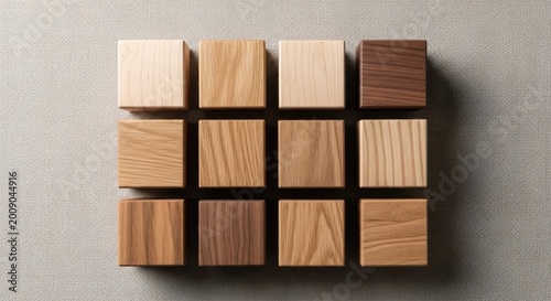 Twelve different wooden cubes arranged neatly in a structured grid pattern
