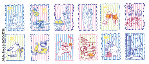 Hand-drawn summer vacation illustration set featuring beach life, travel icons, and Mediterranean vibes. Line art collection with colorful striped backgrounds including cocktails, scooter, ocean