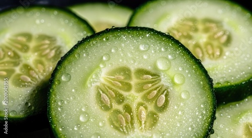 Fresh slices of green cucumber with water drops on the surface