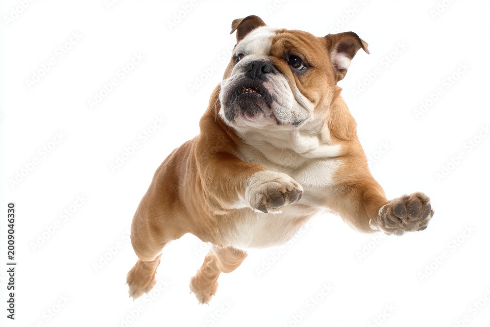 Obraz premium A bulldog leaps into the air, showcasing its playful energy and enthusiasm.