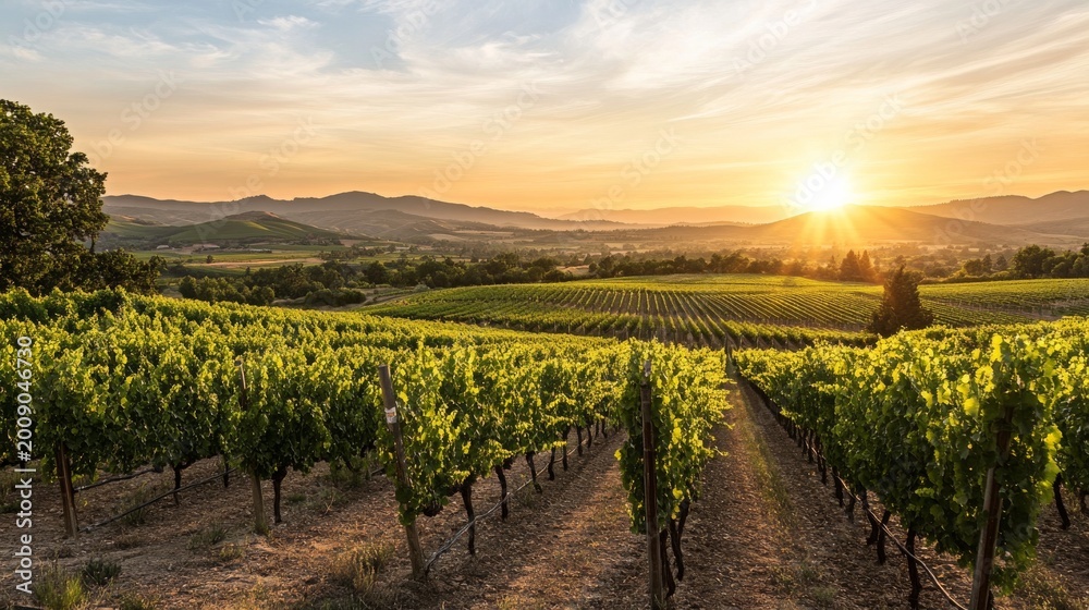 Fototapeta premium Sunset over vineyard landscape with rows of grapevines in the countryside