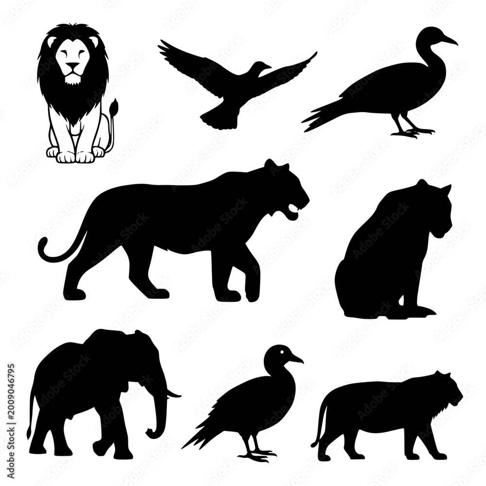Fototapeta premium Collection of Wild Animal Silhouettes with Lion Elephant Tiger and Birds