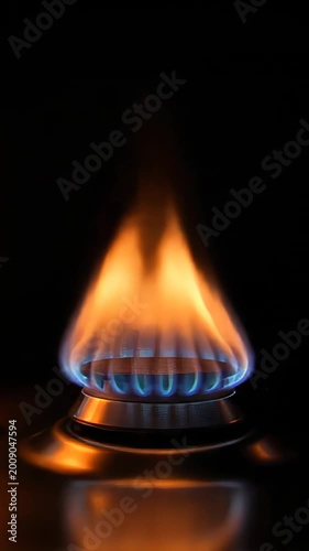 Blue and orange flames burning from a kitchen gas stove burner. Concept of energy crisis, increasing gas prices, and domestic fuel consumption