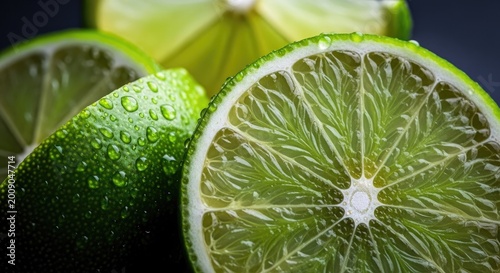 Fresh lime slices with dew drops showing vibrant green citrus texture