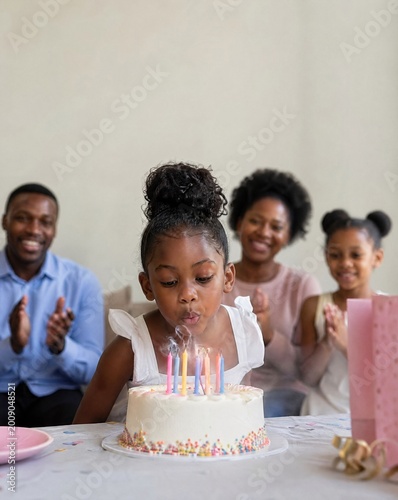 Young Black girl blowing out birthday candles on cake with family  