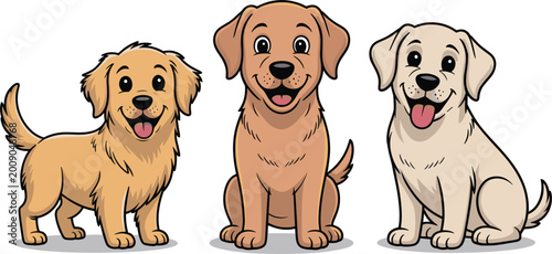 Fotografía Cute cartoon golden retriever puppy set showing different poses including sitting, standing, and smiling, friendly yellow labrador dog mascot vector illustrations isolated on a white background