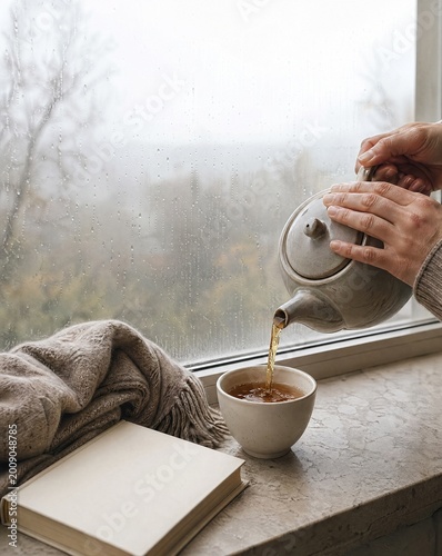 Hands pouring herbal tea into a cup on a cozy window sill  