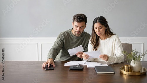 Young couple reviewing documents and calculating expenses at home  